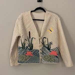 Vintage and Handmade Jacket with pond/lillypad scene size m